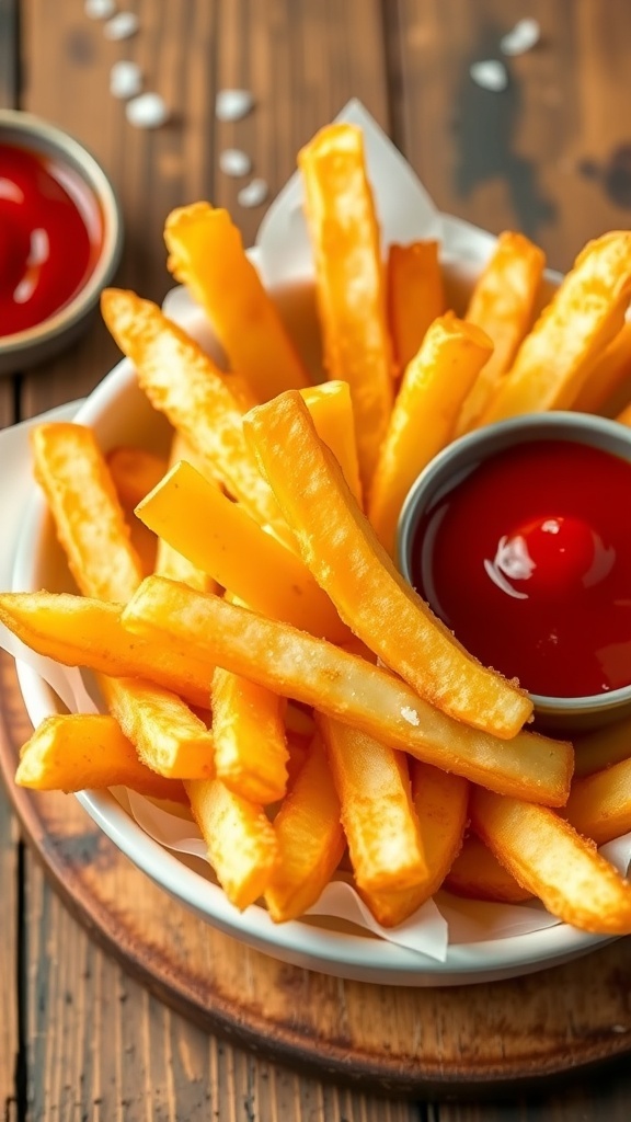 Crispy Air Fryer Frozen French Fries Recipe Crispy golden french fries in a bowl with ketchup on a wooden table.